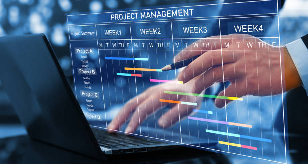 A project manager working on a laptop and updating tasks and milestones progress planning with Gantt chart scheduling interface for a company on a virtual screen.