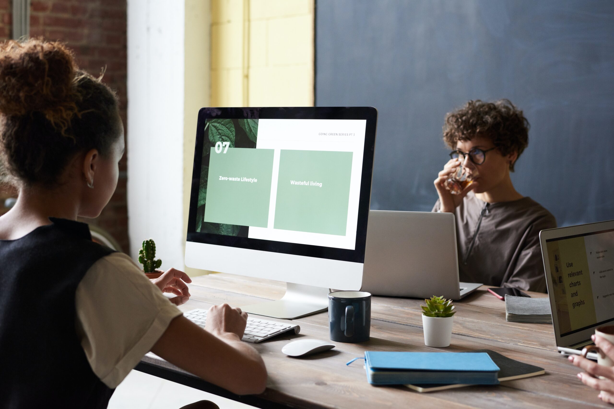 Two project managers developing a project management office (PMO) lifecycle for a client.
